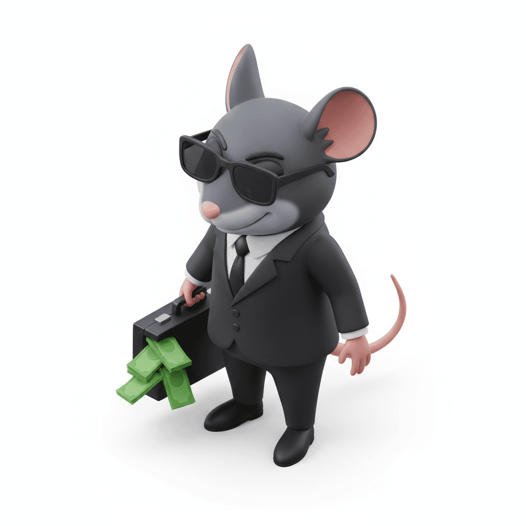 A cool spy mouse, 3D isometric icon. It wears a black suit, dark sunglasses, and carries a small black briefcase filled with money.