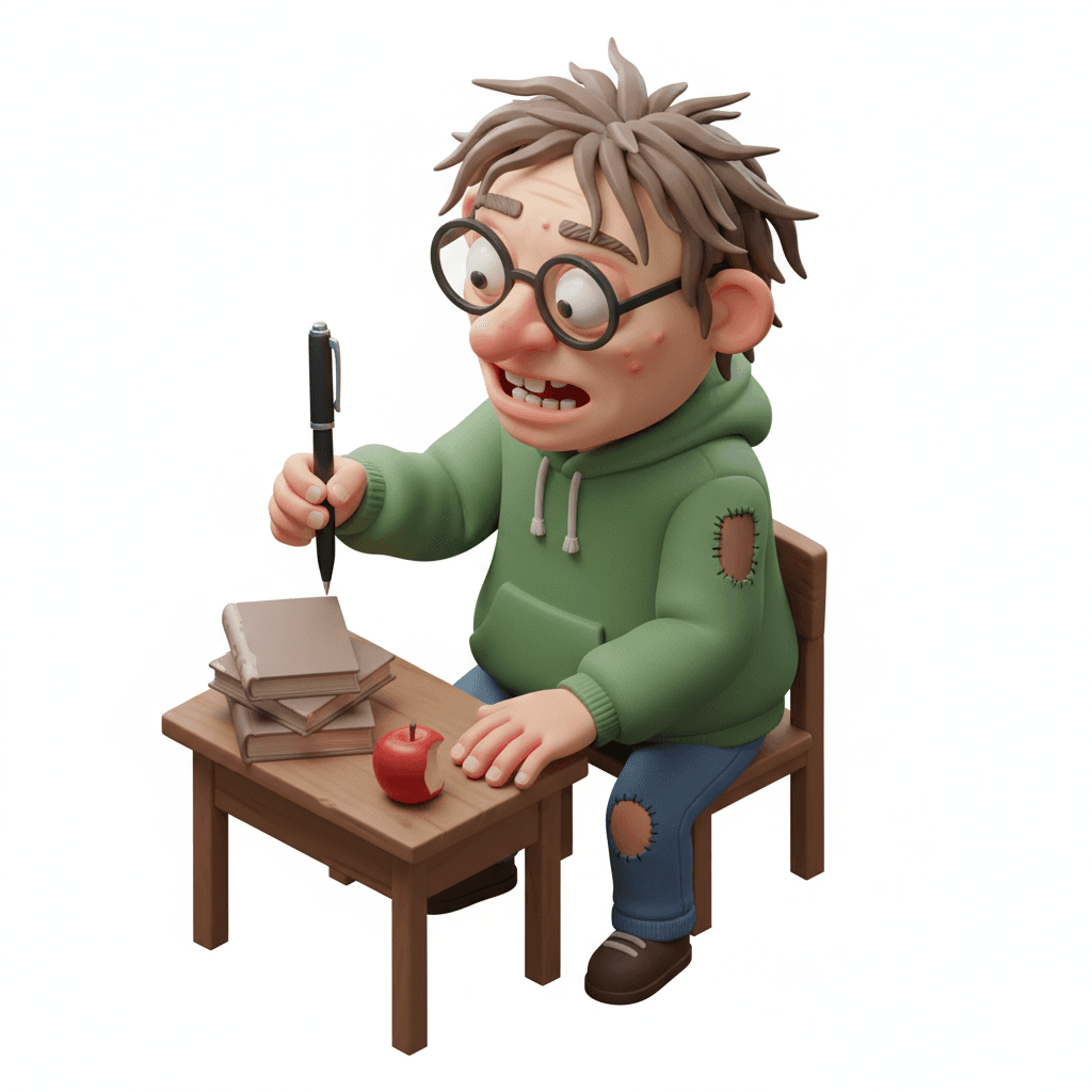 an ugly student holding a pen