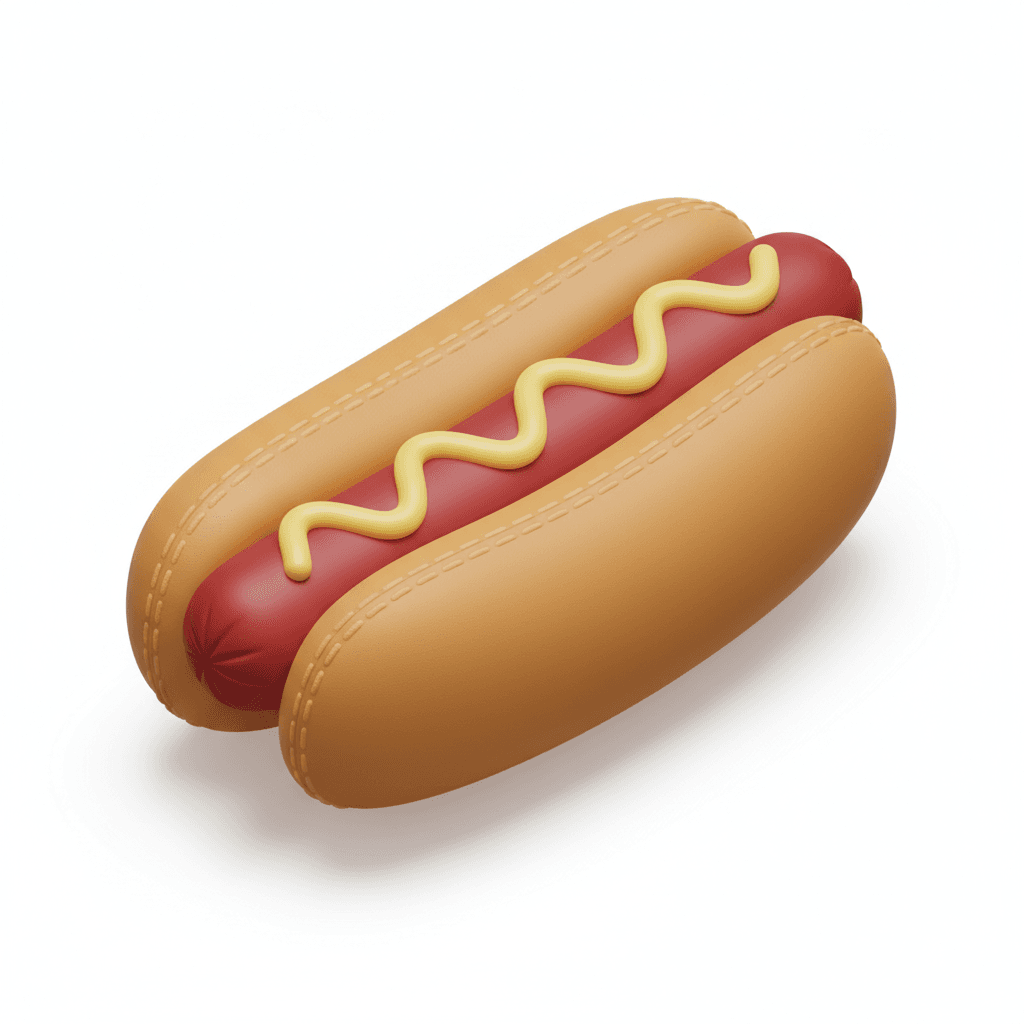 ikon hotdog isometric 3D, style mengembang kayak mainan kulit sintetis, pinggirannya ada jahitan lembut. roti warna coklat keemasan, sosis merah tua, di atasnya ada garis mustard kuning pastel. lighting studio lembut, shadow diffuse di bawah biar realistik.